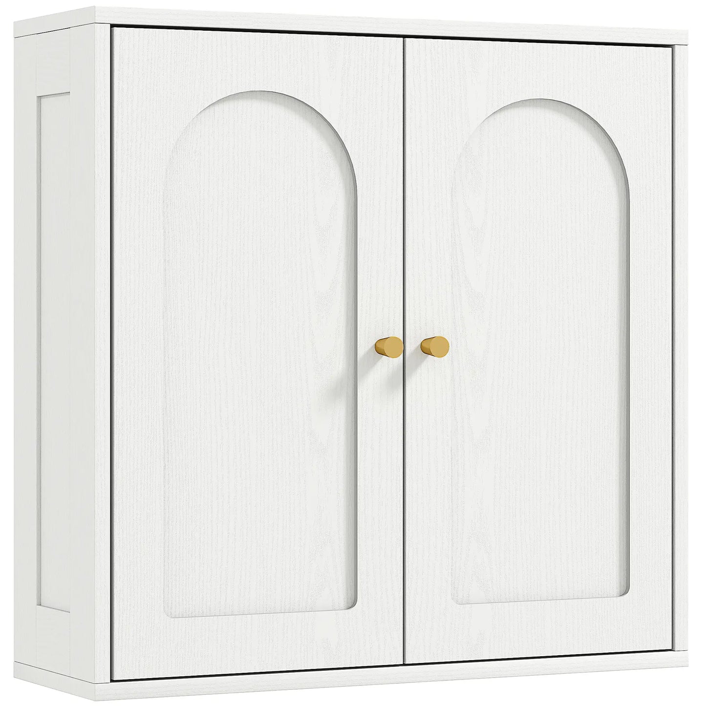 Modern Medicine Cabinet, Wood Grain, 2 Arched Doors, Gold Handles, White Bathroom Cabinets at Gallery Canada