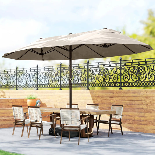 15' Outdoor Patio Umbrella, Twin Canopy Sunshade, Steel, Lift Crank, Khaki Sun Umbrellas Khaki at Gallery Canada