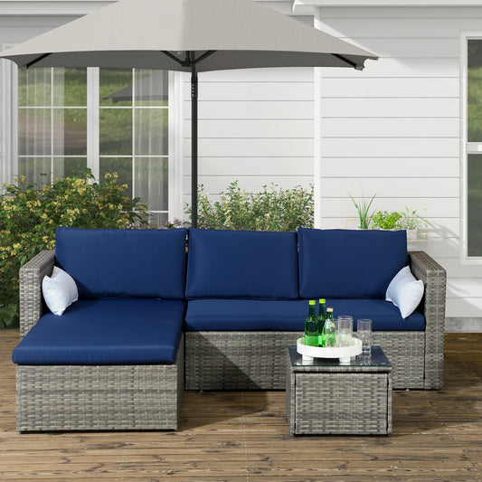 3pcs Modern Rattan Sofa Set, Wicker Patio Furniture, Coffee Table Patio Furniture Sets Navy Blue at Gallery Canada