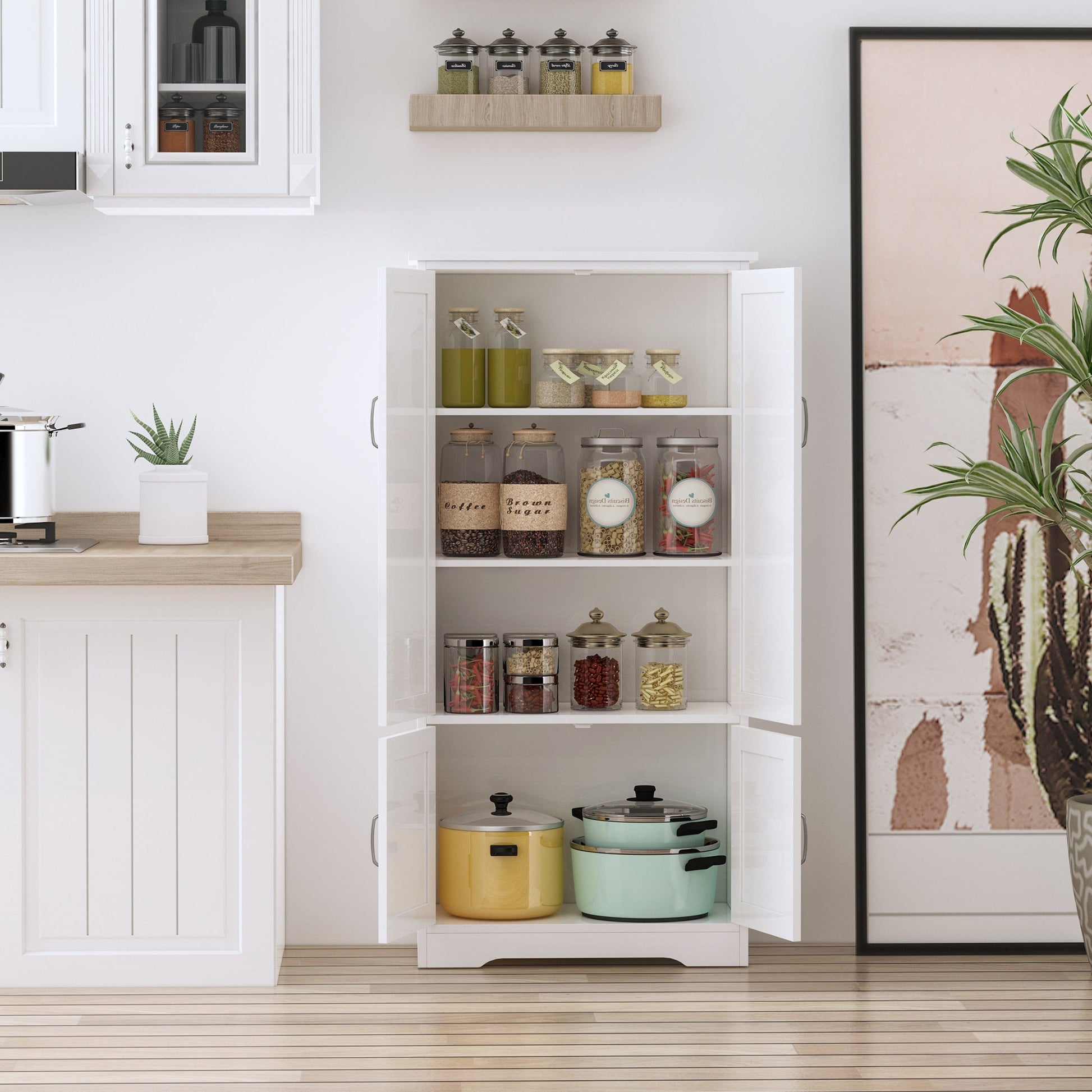 4-Door Storage Cabinet Multi-Storey Large Space Pantry with Adjustable Shelves White at Gallery Canada