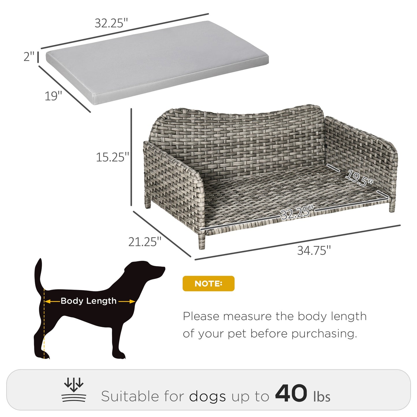 Rattan Pet Sofa for Large &; Medium Dogs, Indoor &; Outdoor Raised Wicker Dog Bed, Cat Couch, with Soft Washable Cushion, Light grey at Gallery Canada