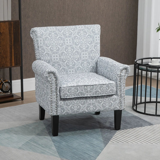Upholstered Accent Chair, Soft Linen Fabric, Rolled Armrest, Grey Single Sofas Grey & White Fabric, Dark Brown Legs at Gallery Canada
