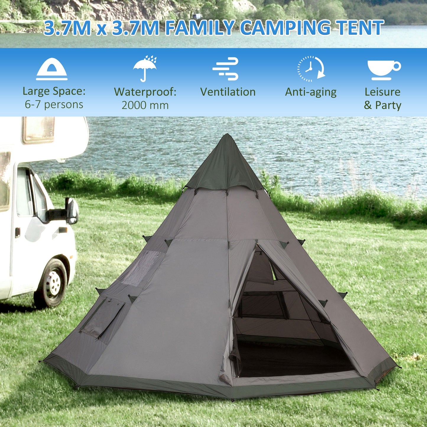6 Men Camping Family Teepee Tent with Mesh Windows, Tent Floor, Door and Carry Bag for Hiking, Picnic, Grey at Gallery Canada