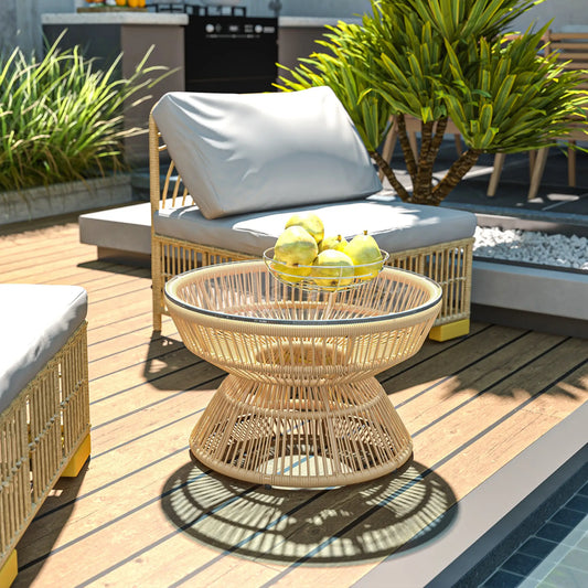 Rattan Outdoor Coffee Table, Tempered Glass Top, Steel Frame, Wicker Furniture Patio Side Tables Natural at Gallery Canada