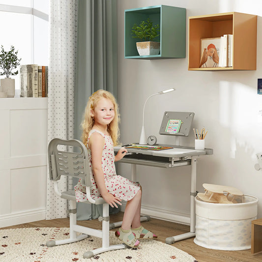 Adjustable Kids Desk and Chair Set, Student Study Table, Grey