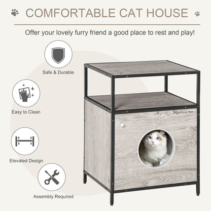Wooden Cat House Kitty Shelter Bed with Washable Cushion and Open Shelf, Grey, 19" x 15.75" x 25.75" at Gallery Canada