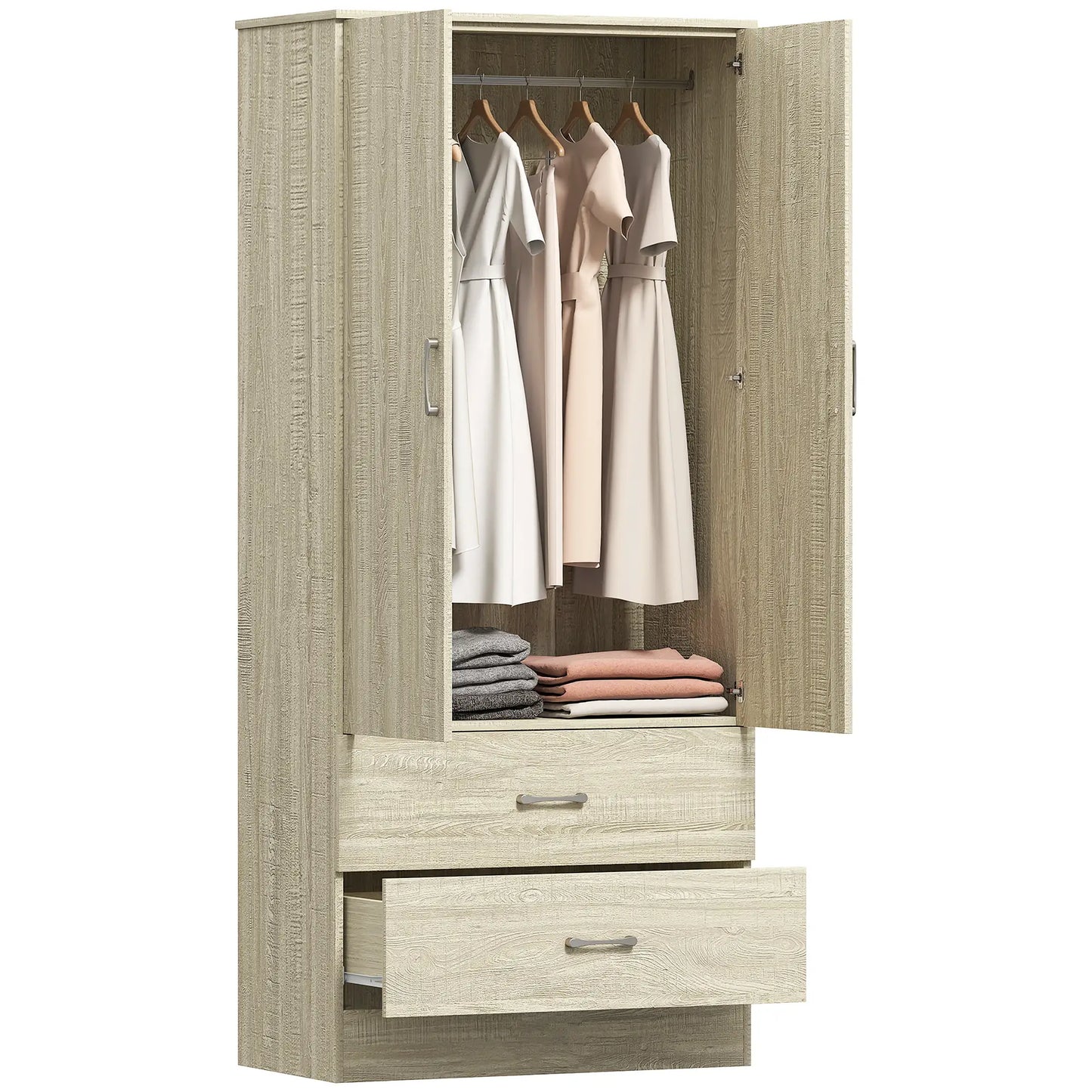 Wardrobe Closet, Hanging Rod, 2 Doors, 2 Drawers, Oak Clothing Storage at Gallery Canada