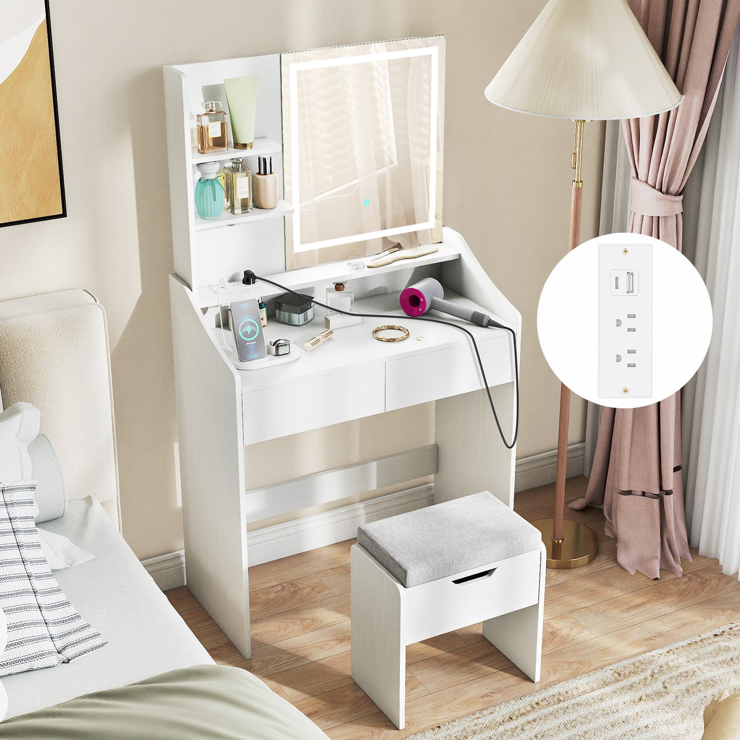 LED Lighted Makeup Vanity Desk, 3 Color Modes, White Makeup Vanities at Gallery Canada
