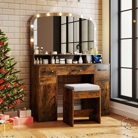 Vanity Desk Makeup Table with Stool 3-Color Lights and Charging Station, Rustic Brown Makeup Vanities Rustic Brown at Gallery Canada