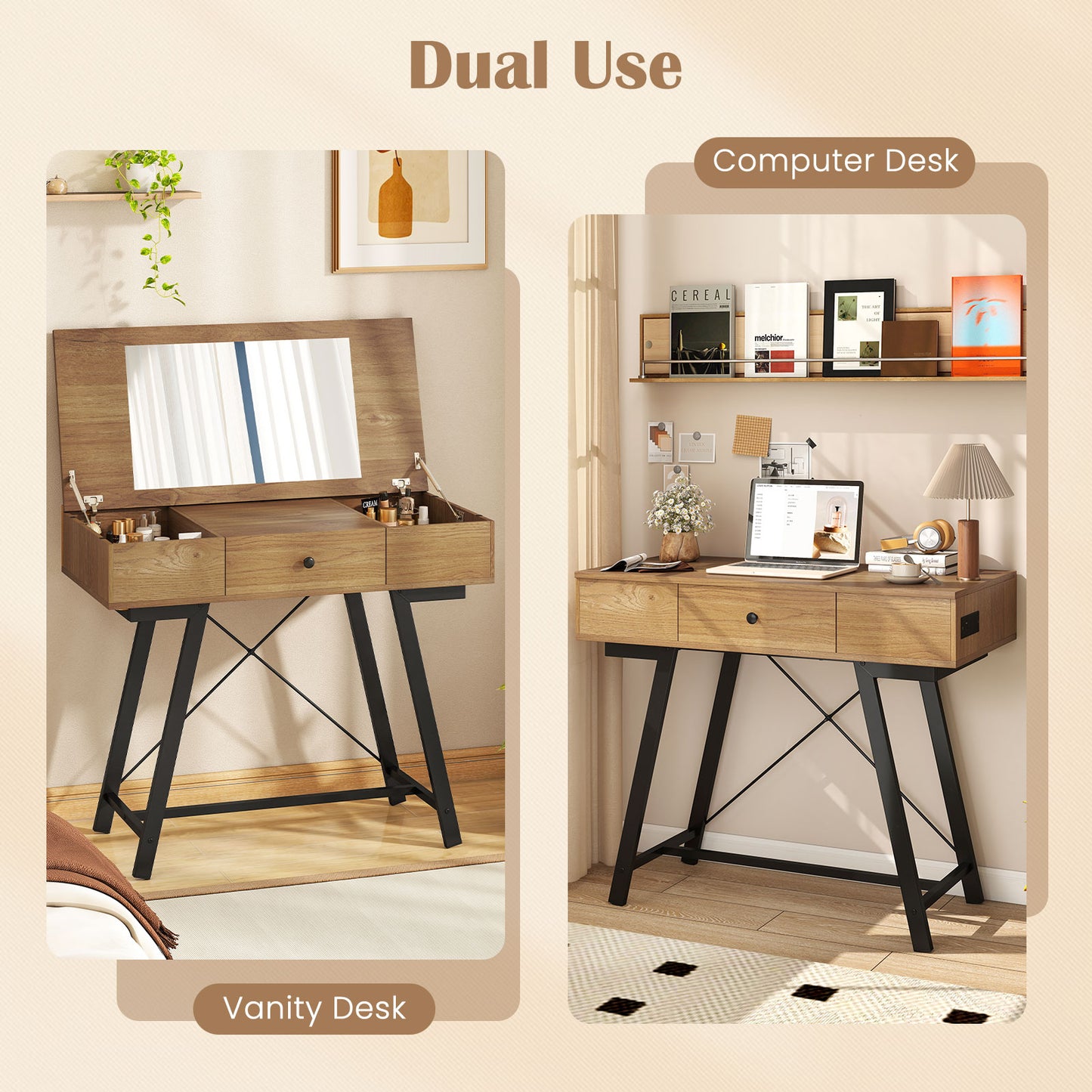 Vanity Desk With Flip Top Mirror, Rustic Brown Makeup Vanities at Gallery Canada