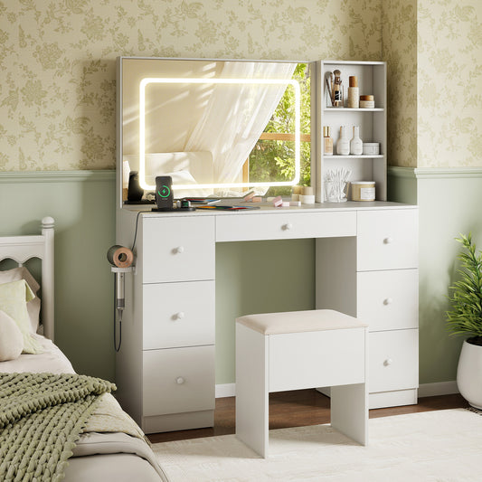 Vanity Desk With Mirror, Lights, Stool Set, White Makeup Vanities White at Gallery Canada