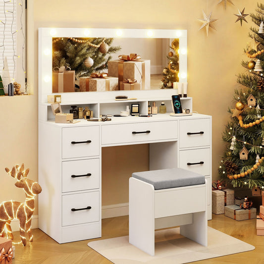 Vanity Desk with Mirror and Lights Makeup Table with Power Outlets, White