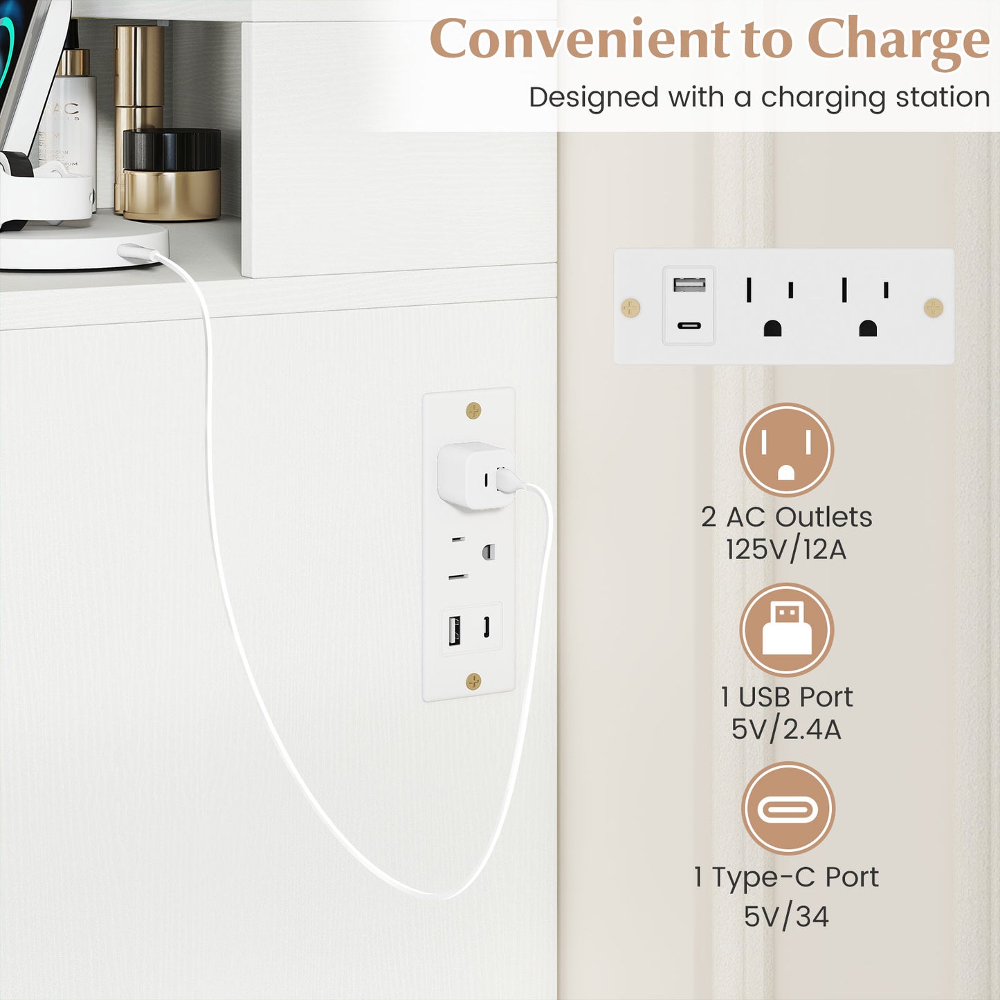 Vanity Desk with Mirror and Lights Makeup Table with Power Outlets, White