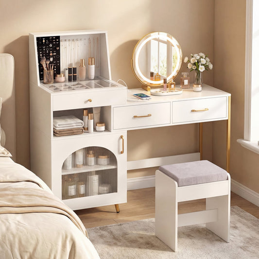 Vanity Desk with Lights, Mirror, Ring Slots & Hooks, White Makeup Vanities White at Gallery Canada