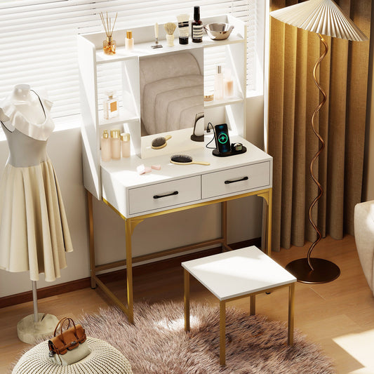 Vanity Desk With Storage Drawers, Charging Station, White Makeup Vanities White at Gallery Canada
