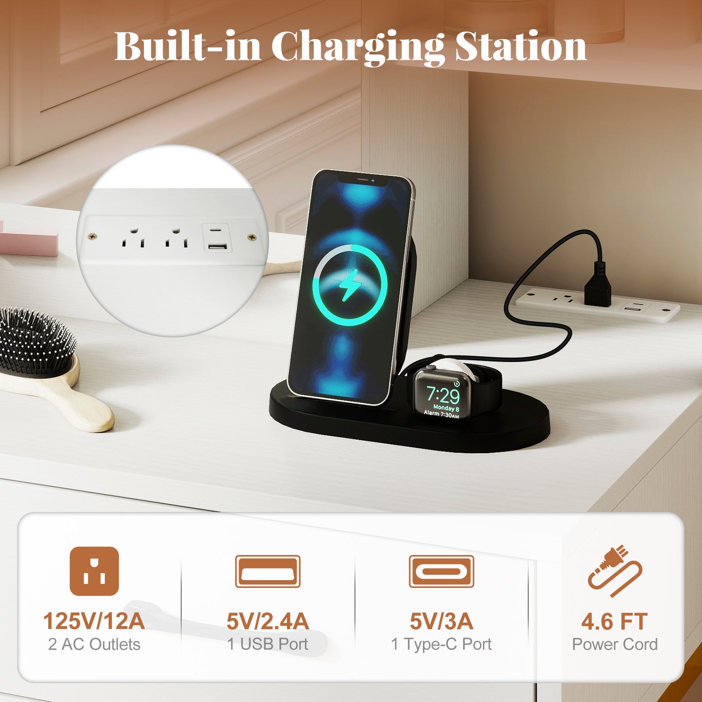 Vanity Desk with Storage Drawers and Charging Station, White Makeup Vanities at Gallery Canada