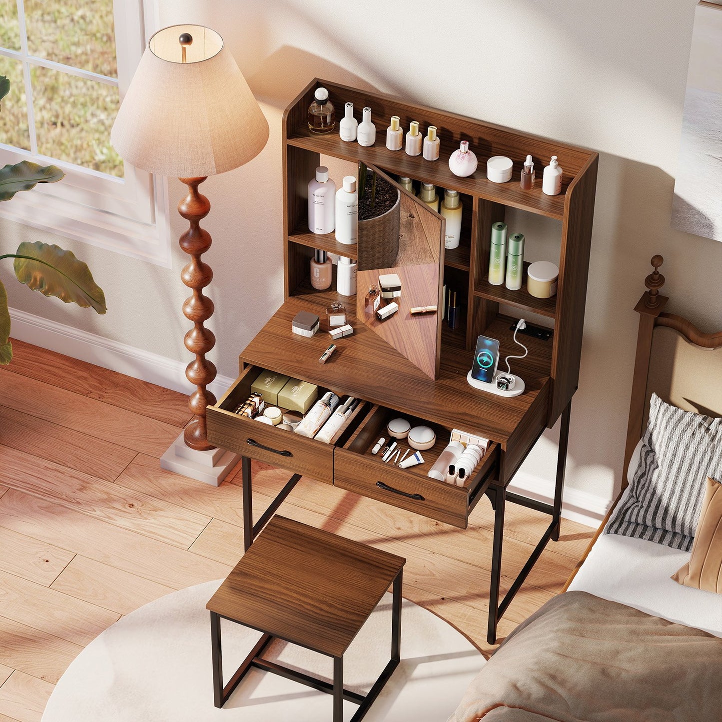 Vanity Desk with Storage Drawers and Charging Station, Walnut Makeup Vanities at Gallery Canada
