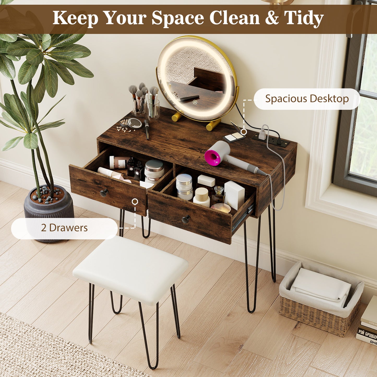 Vanity Desk with with Lighted Adjustable Mirror for Bedroom, Rustic Brown Makeup Vanities at Gallery Canada