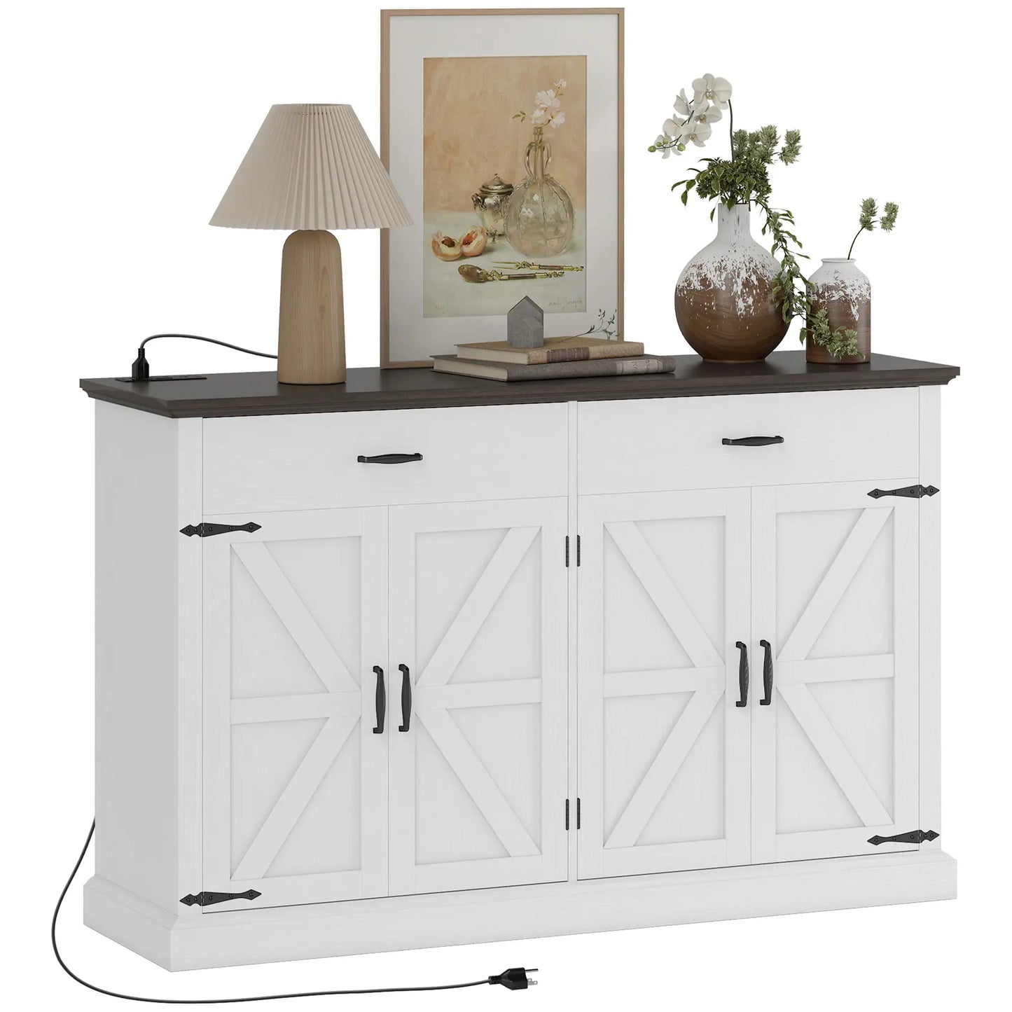 55" Buffet Cabinet, Farmhouse Sideboard, 1.2" Thick Top, White Storage Cabinets at Gallery Canada
