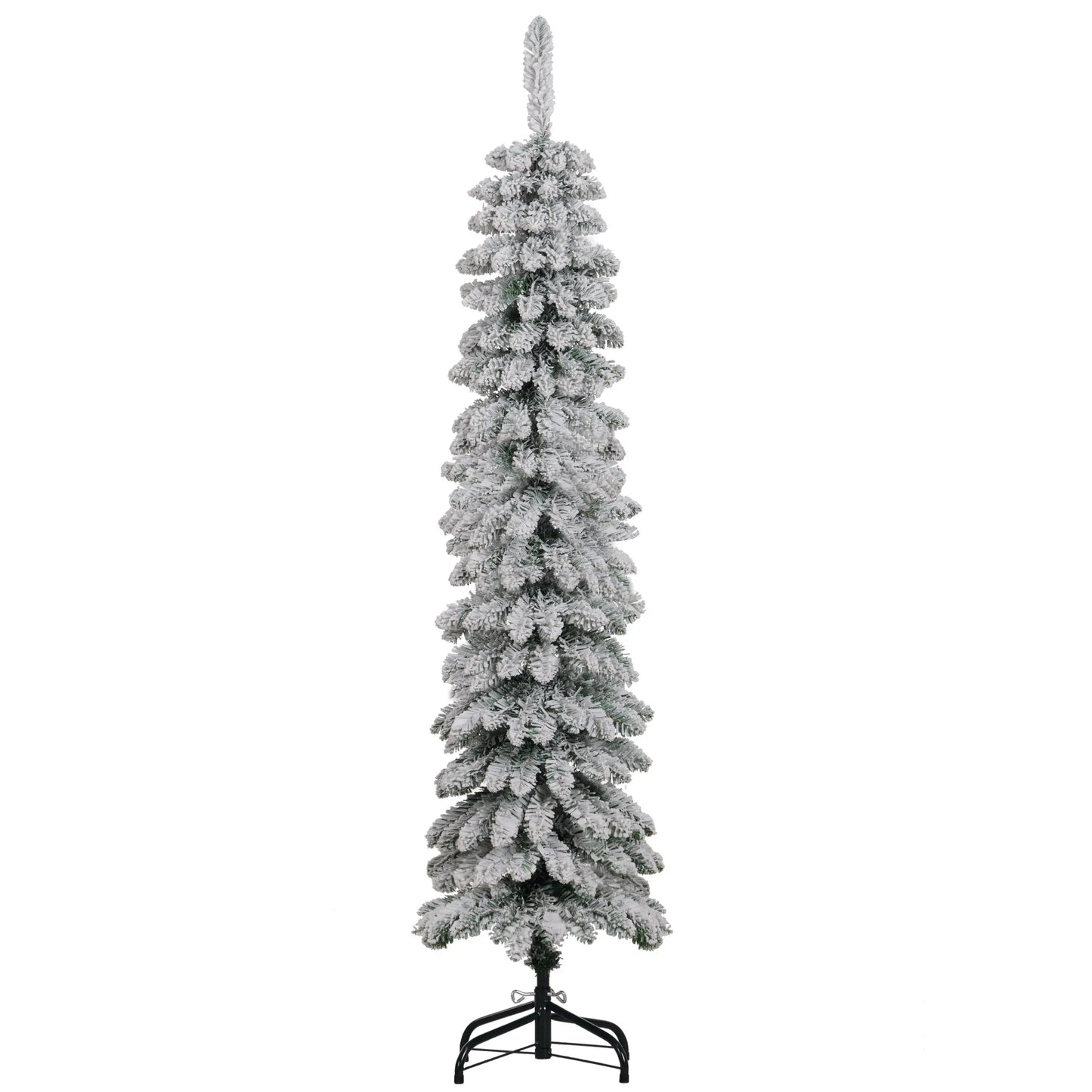 5ft Snow-Flocked Artificial Christmas Tree, Slim Pencil, 301 Branches, Metal Base, Green Pencil Christmas Trees at Gallery Canada