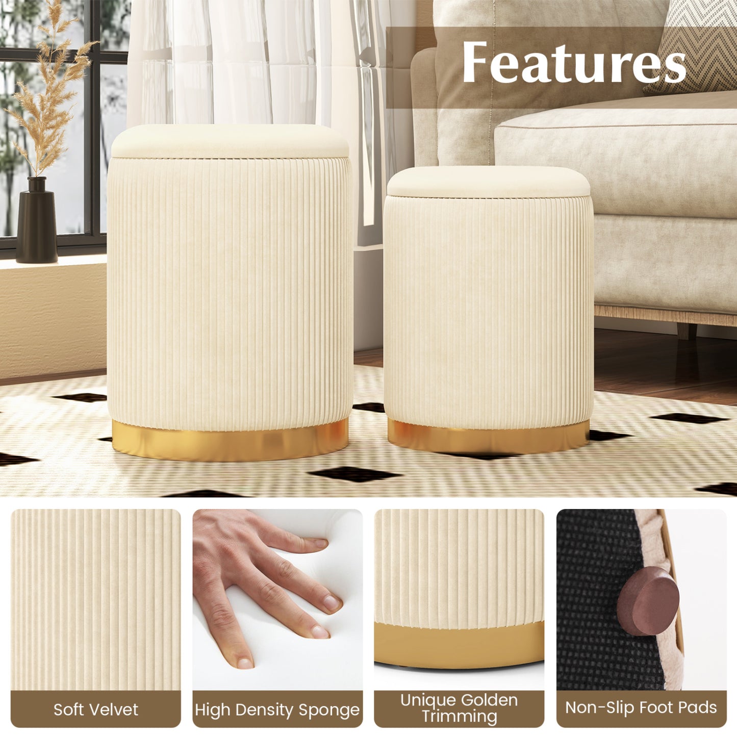 Velvet Linen Fabric Storage Ottoman Set Of 2, Golden Ottomans at Gallery Canada