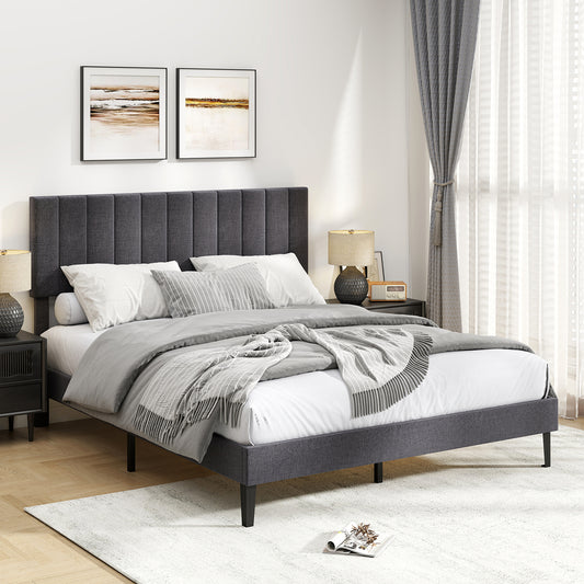 Velvet Upholstered Platform Bed with Height Adjustable Vertical Channel Headboard-Queen Size Beds & Bed Frames Options at Gallery Canada
