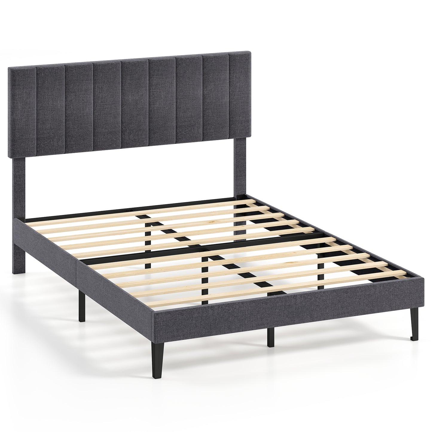 Velvet Upholstered Platform Bed with Height Adjustable Vertical Channel Headboard-Full Size Beds & Bed Frames at Gallery Canada
