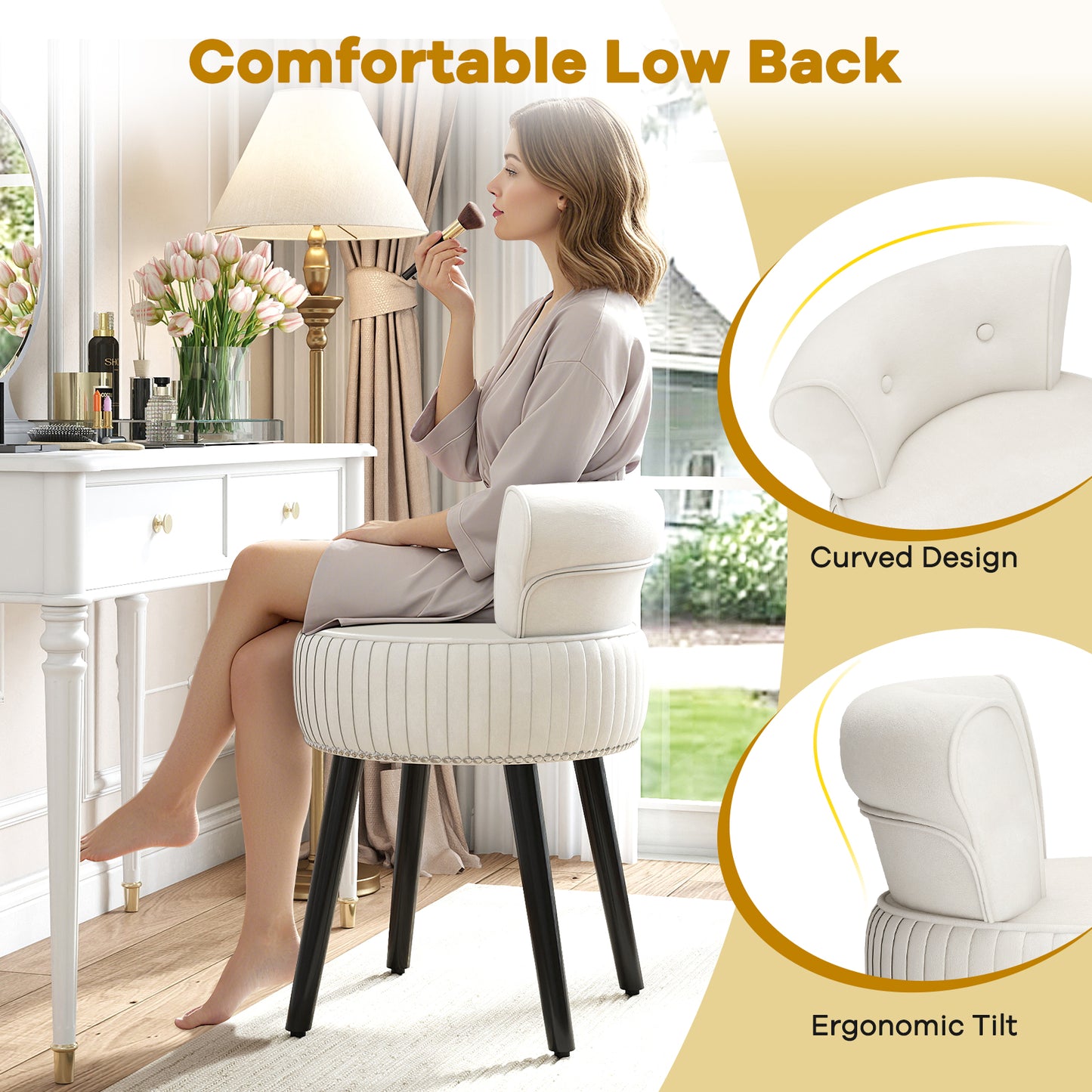 Velvet Vanity Chair, Upholstered Stool, Tufted Low Back, Solid Wood Legs, White Makeup Vanities at Gallery Canada