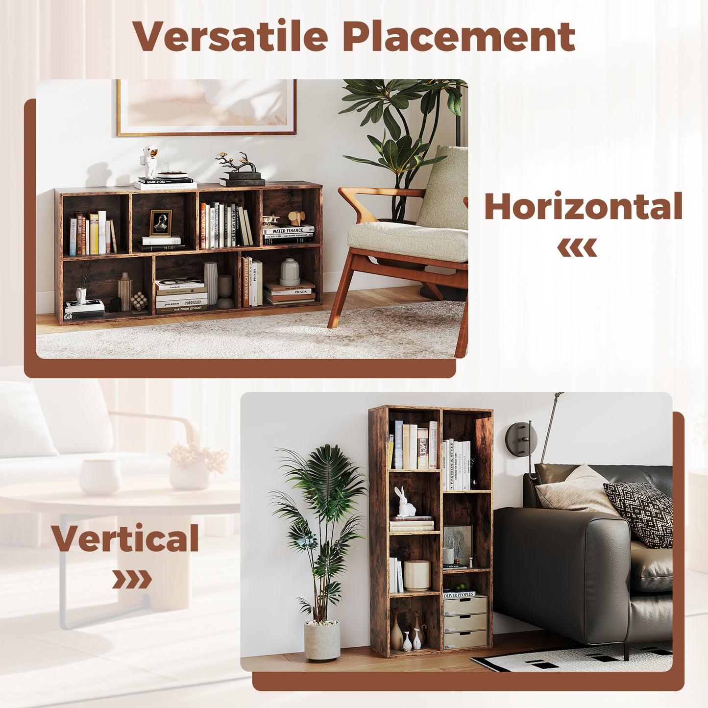 Vertical or Horizontal Freestanding Bookshelf with 7 Compartments, Rustic Brown Bookcases at Gallery Canada