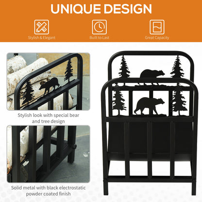 Curved Firewood Rack with Bear and Pine Tree Design, 17 Inch Log Holder Storage Rack with 110 lbs. Capacity, Black at Gallery Canada