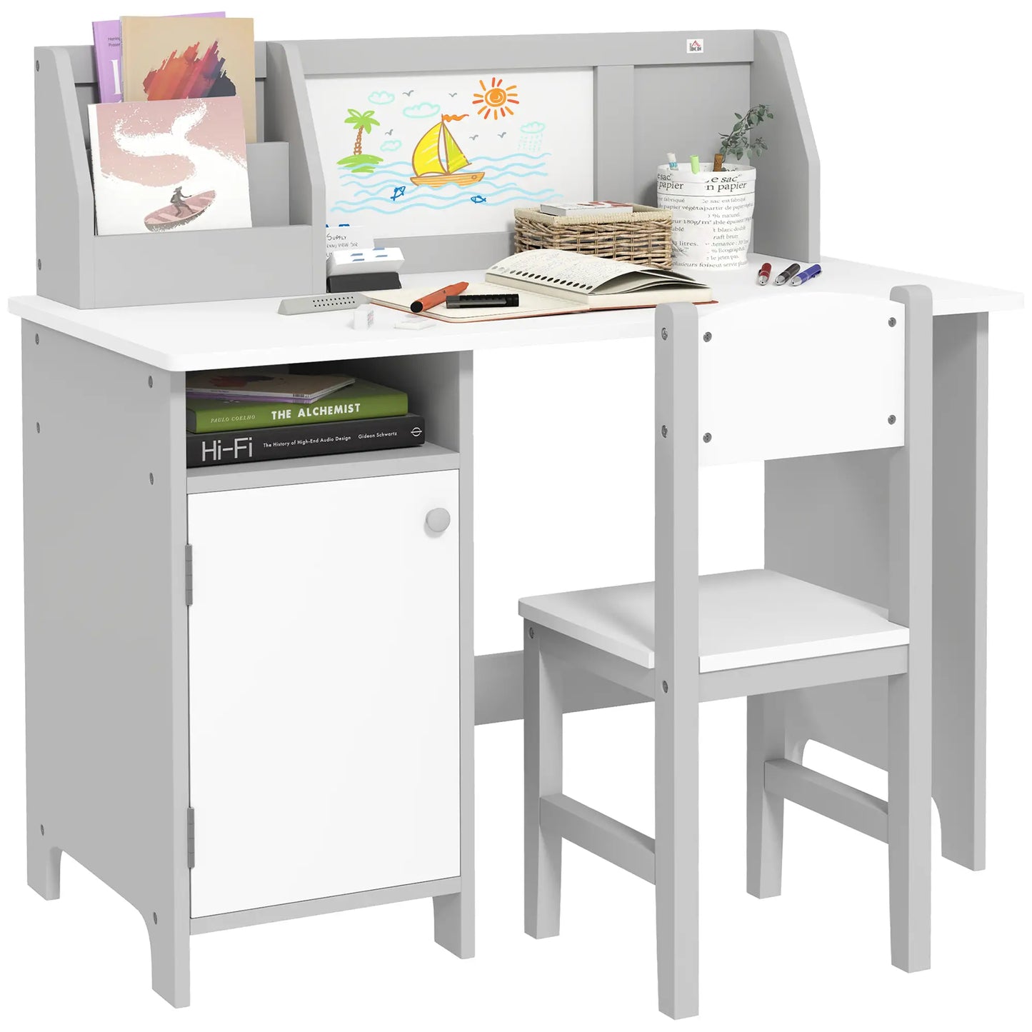 Kids Desk and Chair Set, 2Pcs, with Whiteboard, Storage, Grey Kids Desk Sets at Gallery Canada