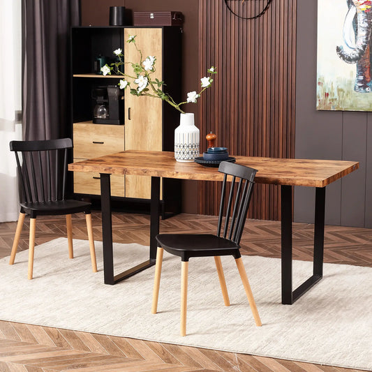 63" Industrial Dining Table, Wave-Edged Tabletop, Steel Legs, Rustic Brown, Brown Bar Tables & Dining Tables Rustic Brown, Black at Gallery Canada
