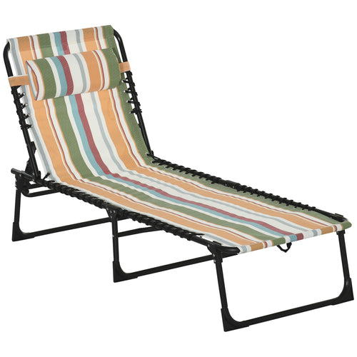 Outdoor Folding Lounge Chair, 4-Level Adjustable Chaise Lounge with Headrest, Tanning Chair Beach Bed Reclining Lounger Cot for Camping, Hiking, Backyard, Multicolored