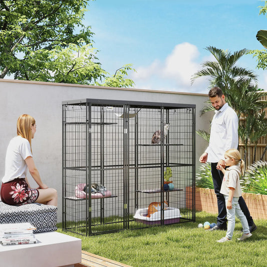 Wire Catio, 69" x 22" x 62", Waterproof Cover, 4 Platforms, Hammock, Black Outdoor Cat Enclosures Black at Gallery Canada