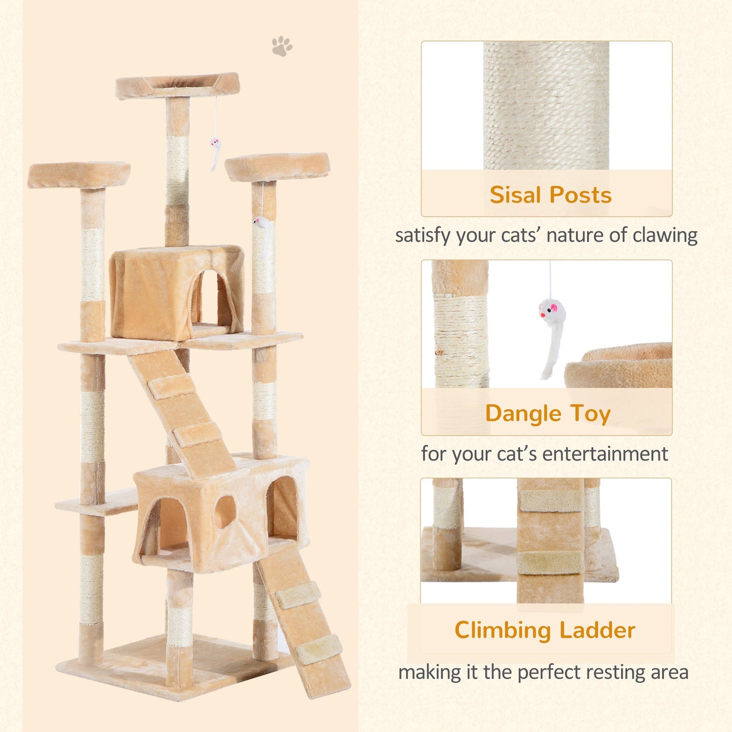 67-inch Multi-Level Cat Scratching Tree Kitty Activity Center Post Tower Condo Pet Furniture w/ Toy Beige at Gallery Canada