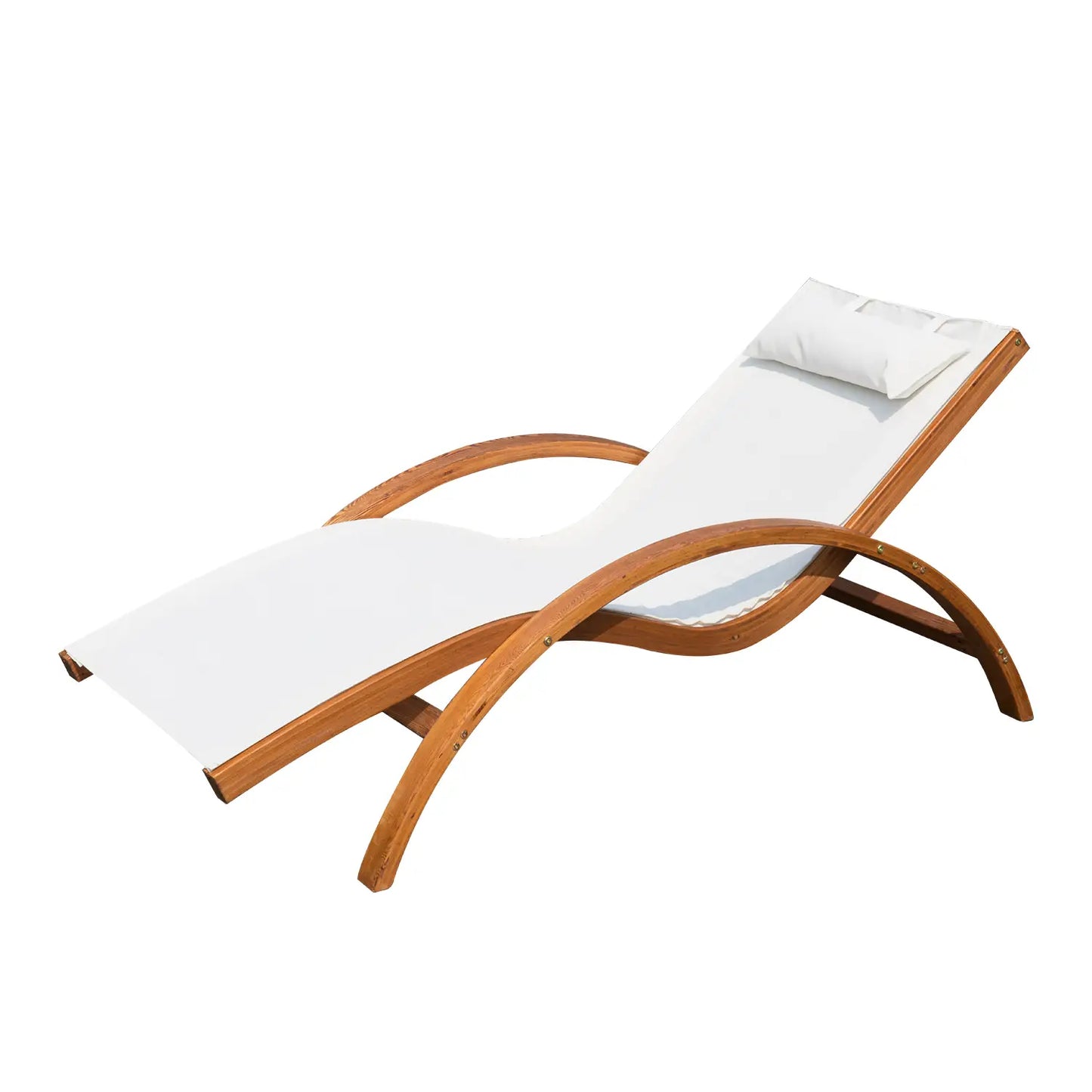 Outdoor Wood Sling Chaise Lounge, Garden Mesh Lounger, Cream