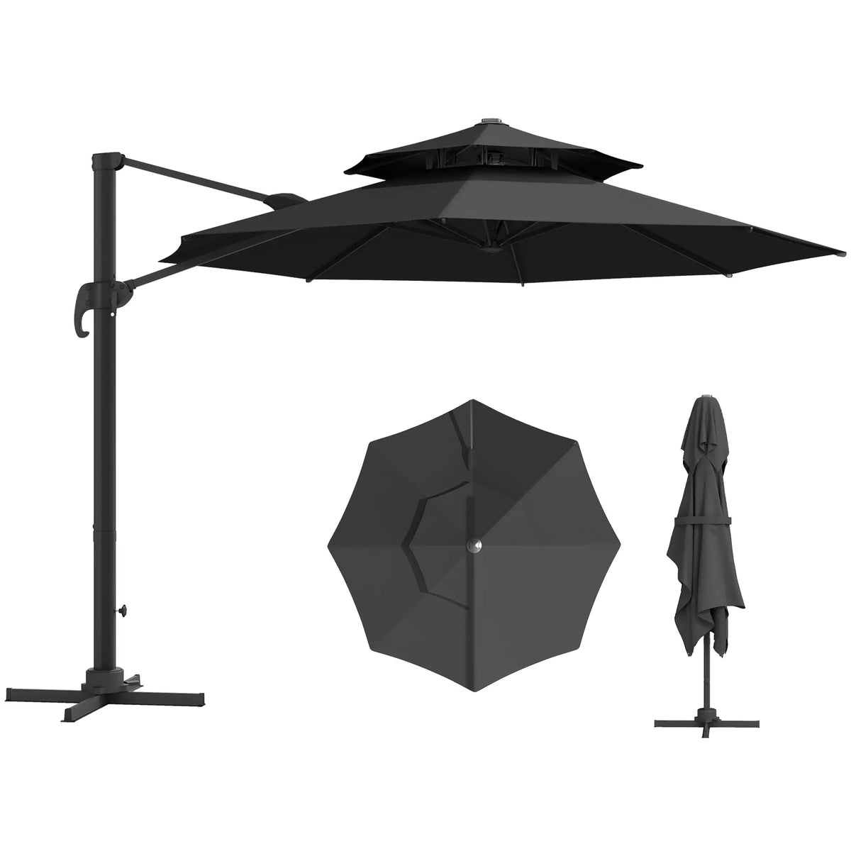 11ft Outdoor Cantilever Umbrella, Adjustable Angle, Double-Top Canopy, Dark Grey Cantilever Umbrellas at Gallery Canada
