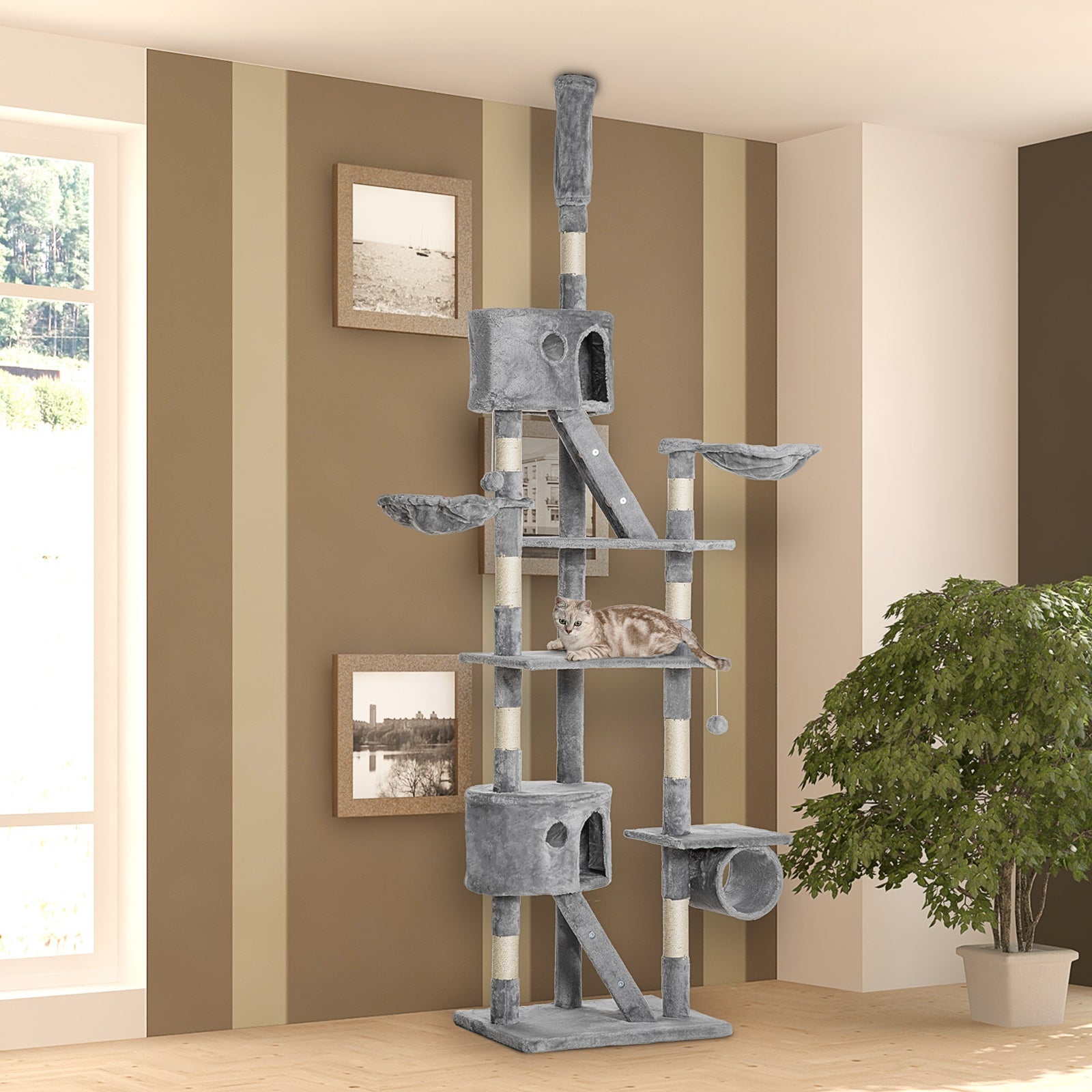 94"-102" Huge Cat Tree Ceiling High Cat Condo Scratching Post Activity Center Multi-Level Play House Light Grey at Gallery Canada