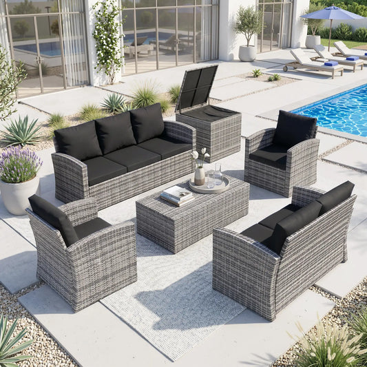 6-Piece Wicker Patio Furniture Set, 7-Seater with Cushions, Black Patio Furniture Sets Mixed Grey Rattan, Black Cushion at Gallery Canada