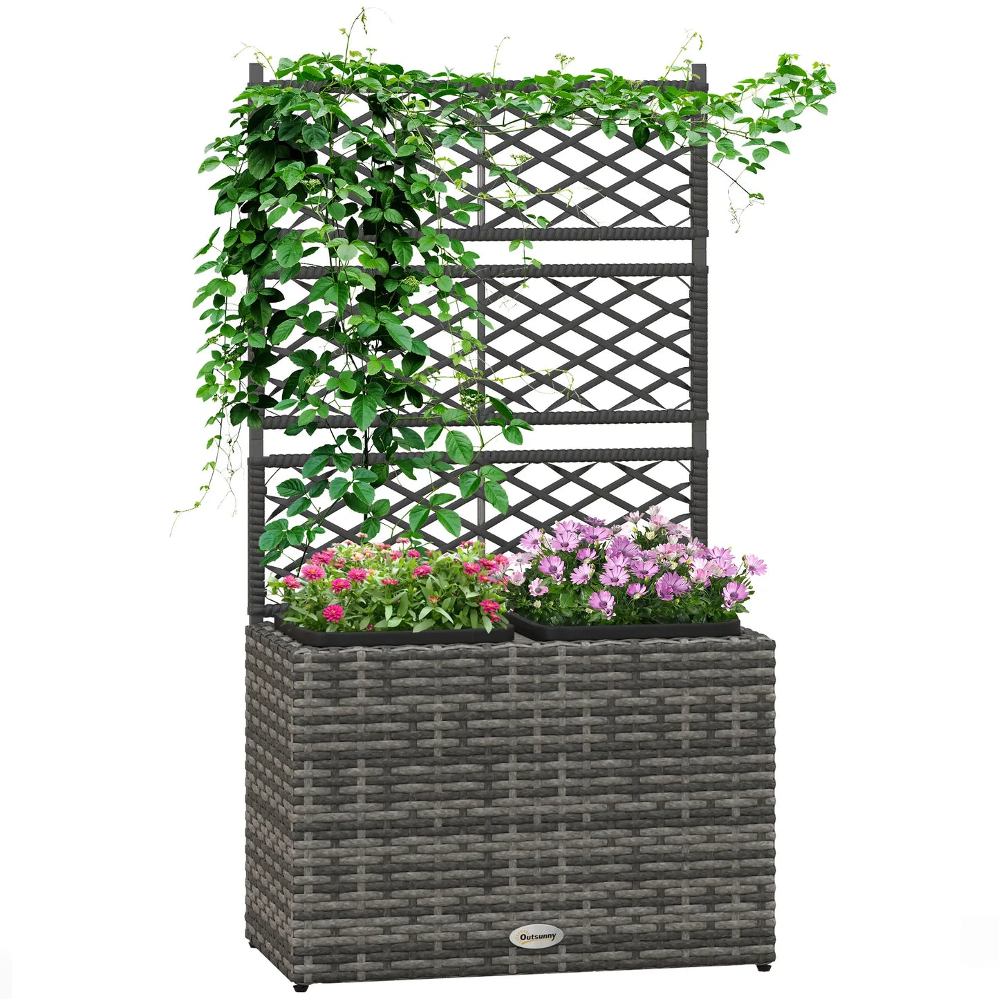 22L Raised Garden Box with Trellis, PE Rattan, Two Plant Boxes, Mixed Grey, Grey Elevated Garden Beds at Gallery Canada