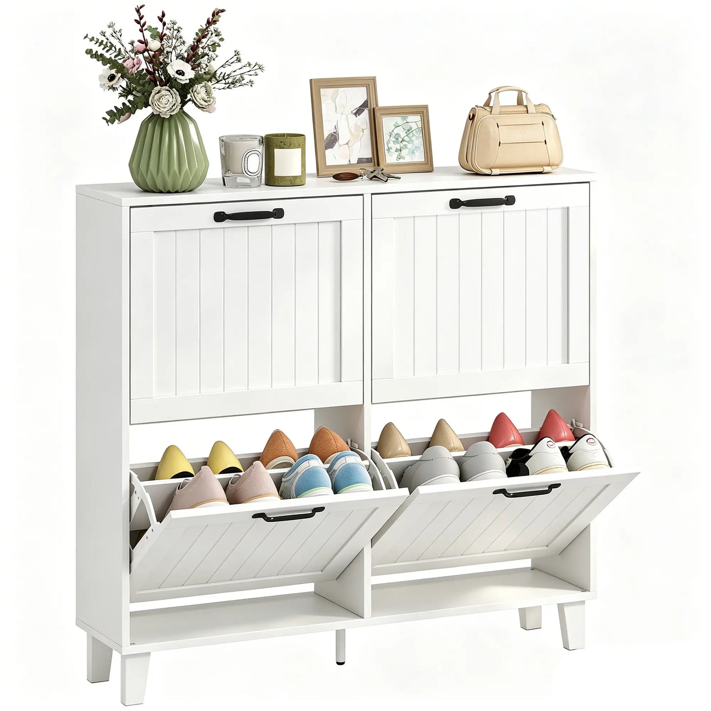 Shoe Cabinet with 4 Flip Drawers, Freestanding Narrow Shoe Storage Cabinet with Adjustable Shelves, Open Back, White