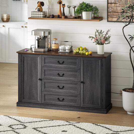 Farmhouse Sideboard with Charging Station, 58" Buffet Cabinet, Black Storage Cabinets Black Wood Grain, Brown Wood Grain at Gallery Canada