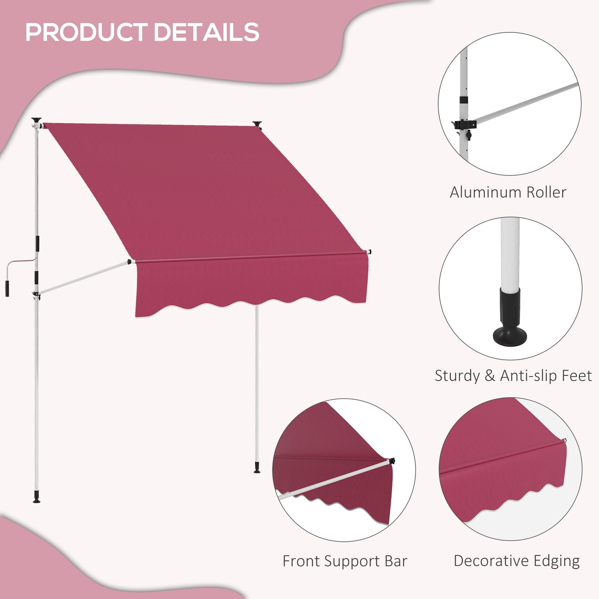 6.6'x5' Manual Retractable Patio Awning Sun Shelter Window Door Deck Canopy, Water Resistant UV Protector, Wine Red at Gallery Canada