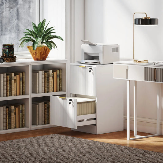 Lockable Filing Cabinet, 2 Fluted Drawers, Adjustable Hanging Rails, White Office Cabinets & Cupboards White at Gallery Canada