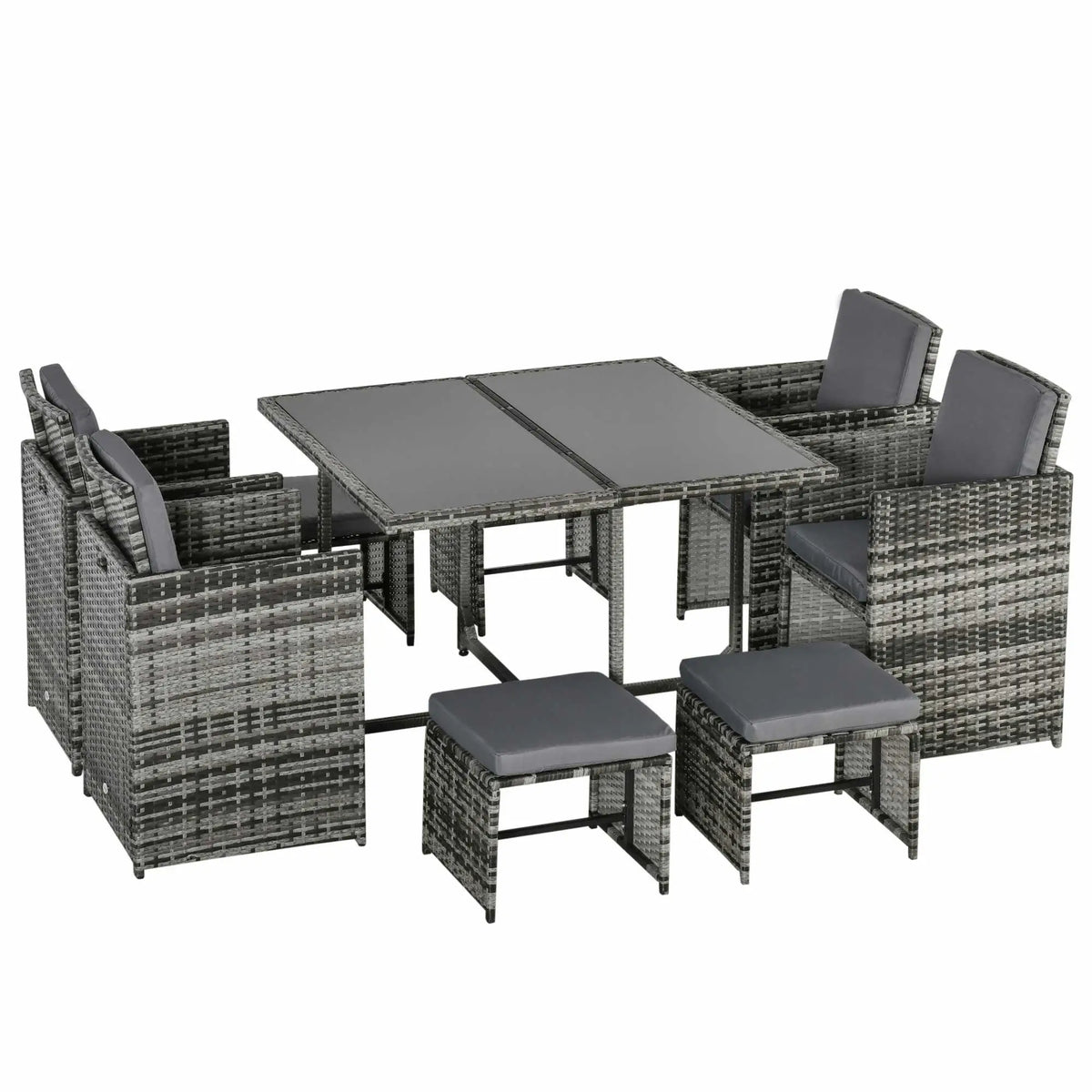 9 Piece Wicker Patio Dining Set, Grey with Cushions, Glass Top, Grey Outdoor Dining Sets at Gallery Canada