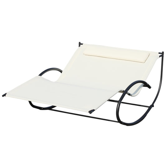 Double Chaise Lounger Garden Rocker Sun Bed Outdoor Hammock Chair Texteline with Pillow Cream White at Gallery Canada