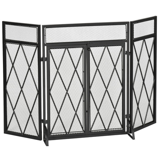 47x31in 3-Panel Fireplace Screen with Double Doors, Steel Mesh Fire Spark Guard Cover for Living Room Indoor Decor, Black - Gallery Canada