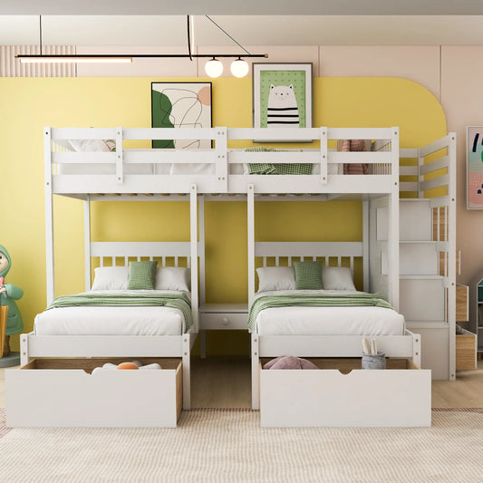 Twin Triple Bunk Bed with Storage Drawers, Pine Wood Frame, 115" L x 76" W x 64.5" H, White Bed Frames White at Gallery Canada
