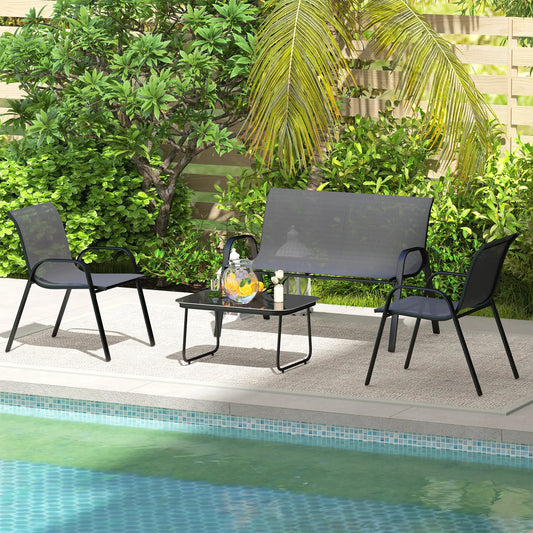 4-Piece Outdoor Furniture Set, 2 Stackable Chairs, Loveseat, Glass Coffee Table, Black Patio Furniture Sets Black at Gallery Canada