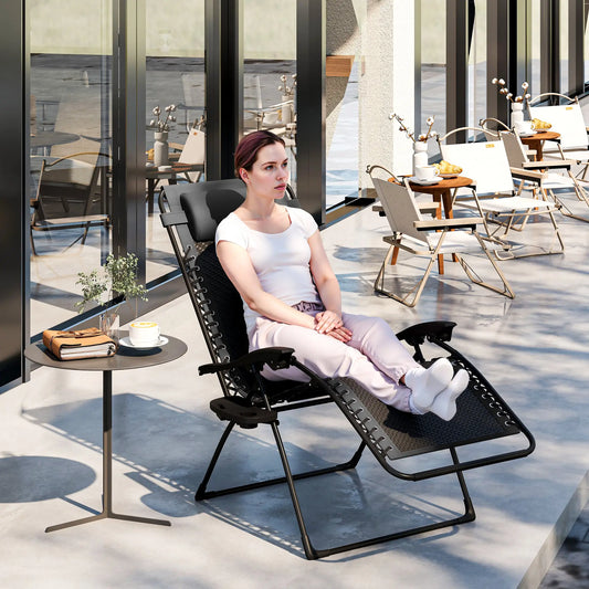 Wicker Folding Lounge Chair, Adjustable Backrest, Rattan Recliner with Headrest, Side Table Tray, Black Lounger Chairs Black at Gallery Canada